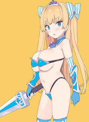 Rule 34 | 1girl, armor, bikini armor, blade (galaxist), blonde hair, blue armor, blue eyes, blue gloves, blue nails, blue thighhighs, borrowed character, bow, breasts, copyright request, earrings, fingerless gloves, fingernails, gloves, hair bow, holding, holding sword, holding weapon, jewelry, large breasts, long hair, looking at viewer, nail polish, navel, open mouth, simple background, solo, striped bow, sword, thighhighs, tiara, twintails, vertical-striped bow, weapon, yellow background