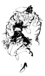 Rule 34 | 1girl, :d, dress, fang, feet, flandre scarlet, frilled socks, frills, full body, greyscale, hands up, hat, hat ornament, high heels, highres, jumping, kneehighs, looking at viewer, mary janes, monochrome, open mouth, mob cap, puffy short sleeves, puffy sleeves, ruukii drift, shoe loss, unworn shoe, shoes, unworn shoes, short hair, short sleeves, simple background, single shoe, skirt, smile, socks, solo, touhou, vest, white background, wristband
