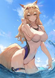 Rule 34 | 1girl, absurdres, animal ears, arknights, bare arms, bare shoulders, blonde hair, blue sky, breasts, brown eyes, cloud, commentary, commission, competition swimsuit, covered navel, cowboy shot, day, eyewear on head, hand up, highres, large breasts, long hair, molyb, nearl (arknights), nearl (shimmering dew) (arknights), nearly naked ribbon, official alternate costume, one-piece swimsuit, pixiv commission, sky, solo, standing, sunglasses, swimsuit, tail, thigh strap, thighs, wading, water, white one-piece swimsuit