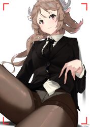 Rule 34 | 1girl, absurdres, airnery, animal ears, arknights, black necktie, black pantyhose, brown hair, collared shirt, commentary request, cowboy shot, dress shirt, embarrassed, eyjafjalla (arknights), goat ears, goat horns, highres, horns, jacket, light blush, long hair, looking at viewer, necktie, panties, panties under pantyhose, pantyhose, pink eyes, shirt, simple background, sitting, solo, suit jacket, underwear, viewfinder, white background, white shirt