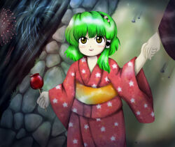 Rule 34 | 1girl, 1other, :d, aerial fireworks, black hairband, blush stickers, candy apple, fireworks, floral print, floral print kimono, food, green hair, hairband, highres, holding hands, japanese clothes, kimono, kochiya sanae, long sleeves, looking up, medinki, official style, open mouth, orange sash, print kimono, red kimono, reflection, sash, short hair, single hair tube, smile, solo focus, teeth, touhou, upper teeth only, water, wide sleeves, yellow eyes, zun (style)