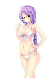 Rule 34 | 1girl, bikini, bikini pull, blush, braid, breasts, brown eyes, cleavage, clothes pull, front-tie top, hand on own hip, highres, large breasts, long hair, looking at viewer, navel, original, pulling own clothes, purple hair, shiny skin, side-tie bikini bottom, simple background, solo, standing, stomach, strap lift, swimsuit, takibi (tamikyo), white background, white bikini