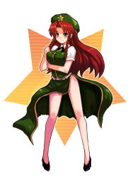 Rule 34 | 1girl, bare legs, breasts, china dress, chinese clothes, dress, female focus, full body, green eyes, hat, hong meiling, kara (color), large breasts, legs, long hair, pigeon-toed, red hair, ribbon, side slit, simple background, solo, standing, star (symbol), touhou