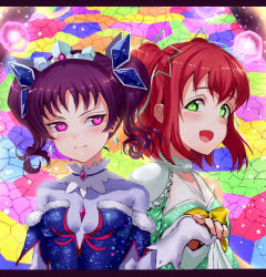 Rule 34 | &gt;:), 2girls, :d, awaken the power, blush, breasts, brooch, detached sleeves, diamond earrings, earrings, frills, fur collar, fur trim, gloves, green eyes, hair ornament, holding hands, jewelry, jyon, kazuno leah, kurosawa ruby, letterboxed, love live!, love live! sunshine!!, multiple girls, open mouth, pink eyes, purple hair, red hair, small breasts, smile, stained glass, star (symbol), star hair ornament, tiara, twintails, two side up, unitard, upper body, v-shaped eyebrows, yellow neckwear