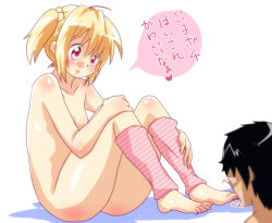 Rule 34 | 1boy, 1girl, barefoot, blonde hair, blush, br apollo, feet, licking foot, hetero, leg warmers, nude, open mouth, red eyes, short twintails, sitting, smile, source request, toes, translated, twintails, white background