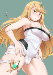 Rule 34 | 1girl, absurdres, arkasha, bad id, bad pixiv id, bare shoulders, bikini, bikini top only, blonde hair, blush, breasts, cameltoe, circlet, commentary request, green bikini, grey background, hands on own hips, highres, large breasts, long hair, looking at viewer, mythra (xenoblade), nintendo, simple background, skindentation, solo, swimsuit, thick thighs, thighs, xenoblade chronicles (series), xenoblade chronicles 2, yellow eyes
