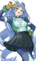 Rule 34 | 1girl, :p, absurdres, blue bodysuit, blue eyes, blue hair, bodysuit, boku no hero academia, fengling (furin-jp), gloves, green bodysuit, green skirt, hadou nejire, hand up, highres, long hair, looking at viewer, multicolored bodysuit, multicolored clothes, simple background, skirt, solo, tongue, tongue out, v, white background, yellow gloves