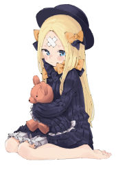 Rule 34 | 1girl, abigail williams (fate), bandaid, bandaid on face, bandaid on forehead, bare shoulders, barefoot, black bow, black dress, black hat, blonde hair, bloomers, blue eyes, blush, blush stickers, bow, crossed bandaids, dress, fate/grand order, fate (series), frown, full body, hair bow, hat, highres, holding, holding stuffed toy, long hair, multiple hair bows, orange bow, parted bangs, simple background, sitting, sketch, sleeves past fingers, sleeves past wrists, solo, stuffed animal, stuffed toy, teddy bear, tenoo12, underwear, wariza, white background, white bloomers