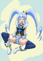 Rule 34 | 1girl, arm support, blue eyes, blue hair, blue necktie, blue panties, blue thighhighs, blush, boots, bow, bow panties, breasts, cameltoe, crown, cure princess, earrings, female focus, full body, happinesscharge precure!, high heels, highres, jewelry, long hair, looking at viewer, magical girl, matching hair/eyes, mikomo, mini crown, navel, necktie, nose blush, open mouth, panties, precure, scared, shiny tail, shirayuki hime, shirt, sitting, skindentation, sleeveless, sleeveless shirt, small breasts, solo, spread legs, striped clothes, striped panties, tears, teeth, thighhighs, tilted headwear, tongue, twintails, underwear, white footwear, wide-eyed