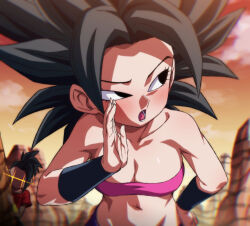 Rule 34 | 2girls, bandeau, bare shoulders, black eyes, black hair, blurry, blurry background, blush, breasts, caulifla, cleavage, cloud, commentary request, dragon ball, dragon ball super, kale (dragon ball), large breasts, looking to the side, midriff, multiple girls, navel, open mouth, orange sky, outdoors, rom (20), short hair, sky, sparkling eyes
