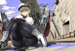 Rule 34 | 1girl, aircraft, anchor, black gloves, black pantyhose, blonde hair, blue sky, breasts, capelet, cloud, commentary request, cross, day, drydock, giant, giantess, gloves, graf zeppelin (kancolle), green eyes, hair between eyes, hat, helicopter, highres, impossible clothes, iron cross, jacket, kantai collection, large breasts, military, military uniform, outdoors, panties, panties under pantyhose, pantyhose, peaked cap, rigging, saizu nitou gunsou, sidelocks, sitting, sky, solo focus, thighband pantyhose, twintails, underwear, uniform, white headwear, white panties
