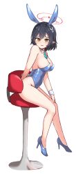Rule 34 | 1girl, alternate costume, animal ears, ayane (blue archive), black hair, blue archive, breaaad, breasts, chair, collar, fake animal ears, halo, high heels, highres, large breasts, leotard, medium breasts, necktie, playboy bunny, pointy ears, red halo, short hair, solo, yellow eyes