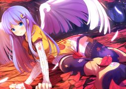 Rule 34 | 1girl, angel wings, arm support, blue eyes, blush, boots, crescent, crescent hair ornament, feathers, forest, hair ornament, leaf, long hair, long sleeves, looking at viewer, nature, original, purple hair, rizky (strated), sleeves past wrists, solo, thighhighs, wings, zettai ryouiki