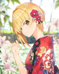 Rule 34 | 1girl, bad id, bad pixiv id, blonde hair, blurry, blurry background, blush, breasts, closed mouth, commentary request, day, floral print, flower, green eyes, hair between eyes, hair flower, hair ornament, idolmaster, idolmaster cinderella girls, japanese clothes, kimono, lily (flower), lipps (idolmaster), medium breasts, miyamoto frederica, outdoors, short hair, smile, solo, soya (torga), upper body