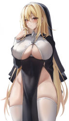 Rule 34 | 1girl, absurdres, biya (1024), black dress, blonde hair, blush, breasts, clothing cutout, covered navel, cross, dress, habit, highres, large breasts, latin cross, long hair, long sleeves, looking at viewer, nun, open mouth, original, pelvic curtain, red eyes, solo, thighhighs, thighs, underboob, underboob cutout, white thighhighs