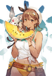 Rule 34 | atelier (series), atelier ryza, atelier ryza 2, belt, bikini, bikini bottom only, breasts, brown belt, clover, earrings, eating, food, food on face, four-leaf clover, fruit, hair ornament, highres, jewelry, large breasts, leather belt, looking at viewer, midriff, navel, necklace, official art, reisalin stout, shirt, single sidelock, sweat, swimsuit, tan, tanline, thick thighs, thighs, tied shirt, toridamono, watermelon, white headwear, yellow bikini, zanshomimai