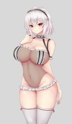 Rule 34 | 1girl, azur lane, bare shoulders, blush, breasts, choker, cleavage, closed mouth, collarbone, frills, grey background, hair between eyes, hairband, hand on own chest, highleg, highleg leotard, highres, kdkaikai, lace-trimmed hairband, lace trim, large breasts, leotard, looking at viewer, red eyes, see-through, short hair, simple background, sirius (azur lane), solo, thighhighs, thighs, white hair, white thighhighs