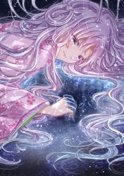 Rule 34 | 1girl, absurdres, bad id, bad pixiv id, constellation, fantasy, floral print, glint, highres, holding hands, kousagi, light particles, light smile, long hair, long sleeves, lying, night, night sky, original, pink eyes, pink hair, sky, sparkle, tanabata, transparent, wide sleeves, zodiac