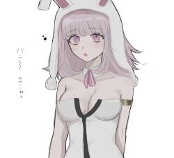 Rule 34 | 1girl, :o, animal ears, armlet, arms at sides, bare shoulders, black leotard, breasts, collarbone, danganronpa (series), danganronpa 2: goodbye despair, grey eyes, heart, highres, large breasts, leotard, looking at viewer, medium hair, michi (michiisidayo), mole, mole on breast, nanami chiaki, official alternate costume, pink hair, playboy bunny, rabbit ears, simple background, solo, translation request, white background, white leotard