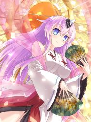 Rule 34 | 1girl, bare shoulders, blue eyes, blush, breasts, detached sleeves, hand fan, highres, holding, holding fan, horns, japanese clothes, kazuneko (wktk1024), long hair, looking at viewer, medium breasts, miko, neptune (series), power symbol, power symbol-shaped pupils, purple hair, purple sister, single horn, smile, symbol-shaped pupils