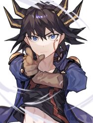 Rule 34 | 1boy, black hair, blonde hair, blue eyes, brown gloves, caddy cyd, closed mouth, facial mark, finger gun, fudo yusei, gloves, hair between eyes, highres, jacket, male focus, multicolored hair, open clothes, open jacket, pointing, pointing at viewer, serious, shirt, short hair, spiked hair, streaked hair, two-tone hair, white background, wind, wind lift, yu-gi-oh!, yu-gi-oh! 5d&#039;s