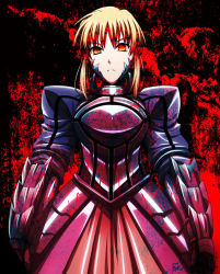Rule 34 | 1girl, armor, armored dress, artoria pendragon (fate), blonde hair, dress, fate/stay night, fate (series), saber (fate), saber alter, shino (comic penguin club), solo, yellow eyes