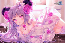 Rule 34 | 1girl, ahoge, astral chronicles, bad id, bad pixiv id, bow, breasts, cleavage, clothes lift, commentary, copyright name, curled horns, dress, dress lift, elbow gloves, english commentary, flower, frilled dress, frills, gloves, hair bow, hair flower, hair ornament, heart, heart hair ornament, horns, kalypso (astral chronicles), lifted by self, lying, medium breasts, nami (nyaa), official art, on floor, on side, pink flower, pink rose, puddle, rose, see-through, solo, strapless, strapless dress, striped, striped bow, thighhighs, water, watermark, wet, wet clothes, wet dress, white bow, white dress, white gloves, white thighhighs, wooden floor