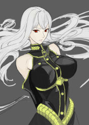 Rule 34 | 00s, 1girl, arms behind back, bare shoulders, breasts, elbow gloves, female focus, floating hair, gloves, grey hair, large breasts, long hair, looking at viewer, military, military uniform, red eyes, selvaria bles, senjou no valkyria, senjou no valkyria (series), senjou no valkyria 1, simple background, solo, tetsu (kimuchi), uniform, very long hair