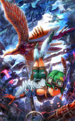 Rule 34 | 1girl, 2c, :o, bird, blue eyes, cityscape, cloud, earrings, elbow gloves, falling, feathers, future, gloves, glowing, goggles, goggles on head, green hair, headset, highres, jewelry, lens flare, multicolored hair, original, scenery, shorts, signature, sky, solo
