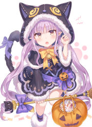 Rule 34 | 1girl, absurdres, animal ears, animal hood, basket, bell, bow, bowtie, broom, brown eyes, cat tail, cloak, fake animal ears, fang, fur trim, halloween, hand up, highres, holding, hood, jack-o&#039;-lantern, jingle bell, kyoka (halloween) (princess connect!), kyoka (princess connect!), long hair, long sleeves, looking at viewer, open mouth, paw print, paw print background, pointy ears, princess connect!, pumpkin, purple bow, purple hair, purple socks, sidelocks, socks, solo, tail, tail bow, tail ornament, tokkyu, v-shaped eyebrows, very long hair, white background, yellow bow, yellow bowtie