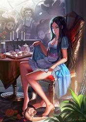 Rule 34 | 1girl, alice: madness returns, alice (alice in wonderland), alice in wonderland, alice liddell (american mcgee&#039;s alice), alternate costume, american mcgee&#039;s alice, barefoot, black hair, cup, dress, feet, fire, flower, green eyes, inoi, legs, long hair, sitting, solo, tea