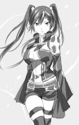 1girl artist_request belt black_hair black_jacket black_order_uniform black_shorts black_skirt black_thighhighs breasts collared_jacket cross d.gray-man floating_hair front_zipper grey_background greyscale hair_between_eyes hair_ornament hairclip highres jacket lenalee_lee long_hair long_sleeves looking_at_viewer miniskirt monochrome non-web_source shorts sidelocks skirt sleeves_past_wrists solo source_request striped_background striped_clothes striped_jacket thigh_strap thighhighs thighs twintails vertical-striped_clothes vertical-striped_jacket white_stripes zettai_ryouiki zipper