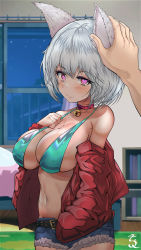 Rule 34 | 1girl, absurdres, animal ears, bare shoulders, belt, blush, breasts, cat girl, cleavage, closed mouth, commentary, curled fingers, denim, fang, hand in pocket, hand on own chest, headpat, heart, heart-shaped pupils, highres, hypnosis, indoors, large breasts, looking at viewer, mind control, navel, night, night sky, off shoulder, original, short hair, short shorts, shorts, silver hair, sky, smile, solo, star (sky), starry sky, swimsuit, symbol-shaped pupils, t3x