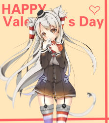Rule 34 | 10s, 1girl, absurdres, amatsukaze (kancolle), animal ears, bad id, bad pixiv id, blurry, brown eyes, cat ears, cat tail, cowboy shot, dango remi, depth of field, dress, english text, hair tubes, half updo, happy valentine, head tilt, heart, highres, kantai collection, long hair, long sleeves, looking at viewer, orange background, sailor dress, silver hair, smile, solo, striped clothes, striped thighhighs, swept bangs, tail, tareme, thighhighs, two side up, valentine, zettai ryouiki