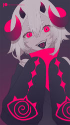 Rule 34 | 1girl, artist name, bare shoulders, black hoodie, black sweater, black tongue, commentary, demon horns, english commentary, fangs, hair between eyes, hands up, highres, hood, hoodie, horns, indie virtual youtuber, jacket, long sleeves, looking at viewer, medium hair, multiple horns, nano (nanoless), nanoless, open mouth, original, oversized clothes, patreon username, purple background, red eyes, smile, solo, sweater, teeth, tongue, tongue out, upper body, virtual youtuber, white hair
