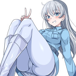 Rule 34 | 1girl, ahoge, arm support, ass, blue eyes, blue jacket, blush, boots, breasts, crotch seam, eila ilmatar juutilainen, grey hair, hair between eyes, highres, jacket, knee boots, long hair, looking at viewer, medium breasts, military, military uniform, pantyhose, sekai saisoku no panda, smile, solo, strike witches, thighs, uniform, v, white background, white footwear, world witches series