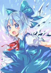 Rule 34 | 1girl, blue dress, blue eyes, blue hair, bow, cirno, dress, fang, hair bow, highres, ice, ice wings, ksk (semicha keisuke), looking at viewer, matching hair/eyes, open mouth, puffy short sleeves, puffy sleeves, shirt, short sleeves, smile, solo, touhou, wings