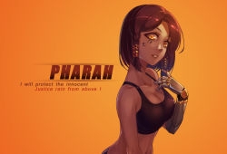 Rule 34 | 1girl, bare shoulders, braid, breasts, character name, cleavage, collarbone, dark-skinned female, dark skin, english text, eye of horus, facial tattoo, hair tubes, highres, knightzzz, large breasts, lips, looking at viewer, mechanical arms, orange background, overwatch, overwatch 1, parted lips, pharah (overwatch), short hair, single mechanical arm, solo, sports bra, tattoo, twin braids, upper body, yellow eyes