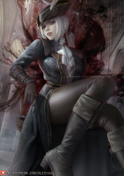 Rule 34 | 1girl, ascot, black gloves, bloodborne, blue eyes, boots, cross-laced footwear, gloves, hat, hat feather, lace-up boots, lady maria of the astral clocktower, lips, long hair, long jacket, looking at viewer, olesyaspitz, pants, ponytail, sitting, solo, tight clothes, tight pants, tricorne, watermark, web address, white hair