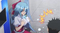 Rule 34 | 10s, 2girls, animated, animated gif, between breasts, blue hair, grabbing another&#039;s breast, breasts, garter straps, grabbing, harpy, large breasts, lowres, monster girl, monster musume no iru nichijou, multiple girls, papi (monster musume), sitting, slime, subtitled, suu (monster musume), thighhighs, wariza, white legwear, yellow eyes