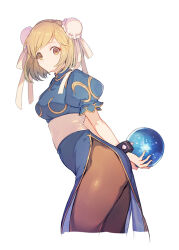 Rule 34 | 1girl, a082, arms behind back, blue dress, breasts, brown eyes, brown pantyhose, bun cover, capcom, china dress, chinese clothes, chun-li, chun-li (cosplay), cosplay, cropped legs, crystal ball, cuffs, djeeta (granblue fantasy), double bun, dress, from side, granblue fantasy, hair bun, looking at viewer, looking to the side, pantyhose, puffy short sleeves, puffy sleeves, short hair, short sleeves, simple background, small breasts, solo, street fighter, white background