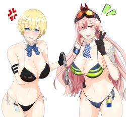 Rule 34 | 2girls, alternate costume, arm behind back, arm tattoo, arm up, artificial eye, ascot, bare shoulders, bikini, black bikini, black gloves, blonde hair, blue bikini, blue bow, blue bowtie, blue eyes, blush, bow, bowtie, breasts, cleavage, collarbone, crossed arms, cuffs, fang, feet out of frame, girls&#039; frontline, gloves, hair ornament, hairclip, handcuffs, highres, holding, holding handcuffs, huge breasts, id card, long hair, looking at viewer, mechanical eye, mole, mole on breast, multiple girls, navel, neck tattoo, open mouth, pink hair, police, police uniform, policewoman, red eyes, short hair, sig mcx (girls&#039; frontline), smile, snowflake hair ornament, standing, sumi ojie, swimsuit, tattoo, uniform, v, vsk-94 (girls&#039; frontline), white background