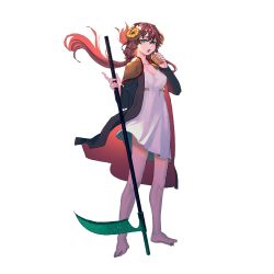 Rule 34 | 1girl, absurdres, barefoot, bell, brown hair, cleavage cutout, clothing cutout, collarbone, dress, fingernails, food, gradient clothes, green eyes, hair bell, hair between eyes, hair ornament, highres, holding, holding food, holding scythe, holding weapon, jiki (gkdlfnzo1245), long hair, nail polish, open mouth, original, patterned, patterned clothing, pink nails, reverse grip, saliva, scythe, simple background, solo, twintails, upper body, weapon, white background, white dress