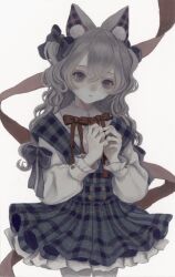 Rule 34 | 1girl, animal ear fluff, animal ears, black bow, blue dress, bow, bowtie, cowboy shot, dress, frills, grey hair, hair between eyes, hair bow, highres, long hair, long sleeves, looking at viewer, mashiroi no, original, parted lips, plaid, plaid dress, purple eyes, red bow, red ribbon, ribbon, shirt, simple background, solo, two side up, wavy hair, white background, white shirt
