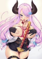 Rule 34 | 1girl, asymmetrical gloves, between legs, black gloves, blush, braid, breasts, collarbone, covering privates, covering breasts, cowboy shot, draph, elbow gloves, fingernails, gloves, granblue fantasy, highres, horns, large breasts, long fingernails, long hair, looking at viewer, mismatched gloves, mouth hold, nail polish, narmaya (granblue fantasy), panties, panties on breasts, parted lips, phallic symbol, pink nails, pink panties, pointy ears, purple eyes, purple hair, sayaka ikku, sheath, sheathed, side braid, simple background, solo, sword, tassel, thigh strap, underwear, very long hair, weapon, white background