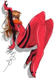 Rule 34 | 1girl, arm up, artist request, ass, blue eyes, bodysuit, breasts, brown hair, curvy, foreshortening, full body, highres, huge ass, interface headset, legs together, long hair, medium breasts, neon genesis evangelion, pilot suit, plugsuit, red bodysuit, shiny clothes, simple background, solo, souryuu asuka langley, two side up, white background, wide hips