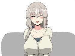 Rule 34 | 1girl, blush, breasts, closed eyes, couch, eyebrows hidden by hair, female focus, gorgonzola (paradisegom), grey hair, hair between eyes, happy, highres, huge breasts, long hair, low ponytail, mature female, nose blush, open mouth, simple background, sitting, smile, solo, upper body, uzaki-chan wa asobitai!, uzaki tsuki, white background