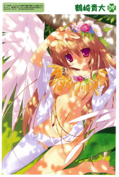 Rule 34 | 1girl, absurdres, angel wings, barefoot, breasts, brown hair, dappled sunlight, elbow gloves, flower, gloves, hair flower, hair ornament, hand on own head, highres, long hair, looking at viewer, navel, original, red eyes, single glove, single thighhigh, sitting, small breasts, solo, sunlight, thighhighs, tsurusaki takahiro, wariza, white gloves, white thighhighs, white wings, wings