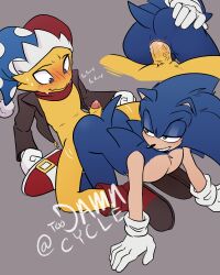 Rule 34 | 2boys, anal, blue hair, crossover, gloves, green eyes, highres, imminent anal, imminent penetration, male penetrated, multiple boys, sonic (series), sonic the hedgehog, spark the electric jester, tail, yaoi