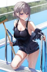 Rule 34 | 1girl, bare shoulders, black one-piece swimsuit, blue eyes, blue jacket, blush, breasts, broom, chigusa minori, cleavage, collarbone, commentary request, corrupted twitter file, grey hair, hair ornament, hairclip, highres, holding, holding broom, jacket, large breasts, long sleeves, looking at viewer, off shoulder, one-piece swimsuit, parted lips, partially unzipped, pool ladder, saotome shino (shino to ren), shino to ren, smile, swimsuit, thighs, wet